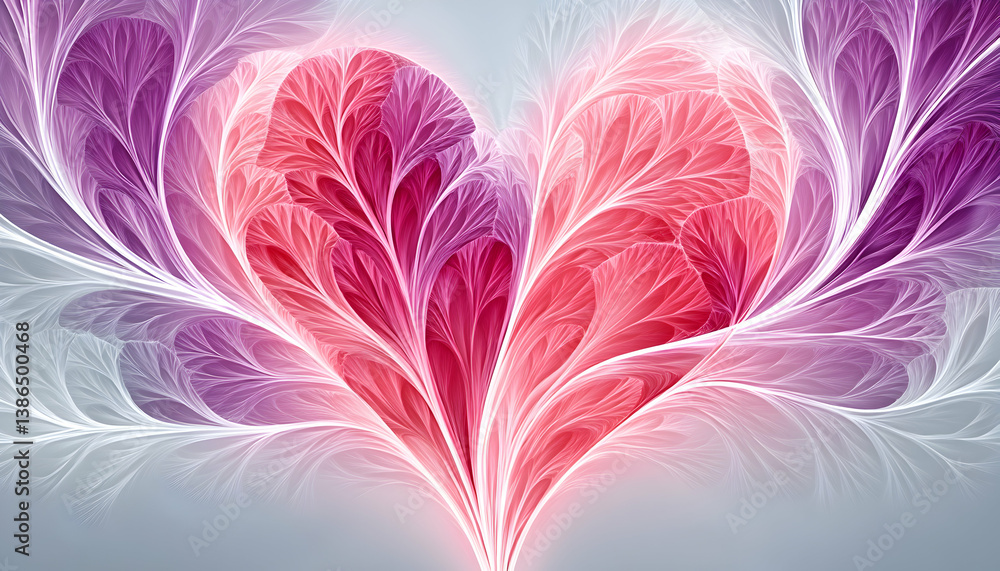 Obraz premium Abstract heart formed by delicate, feather-like, pink and purple fractal patterns