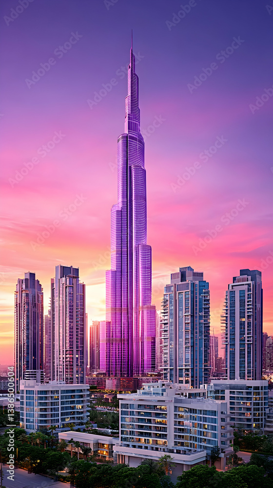 Fototapeta premium Majestic skyscraper at sunset, surrounded by city buildings