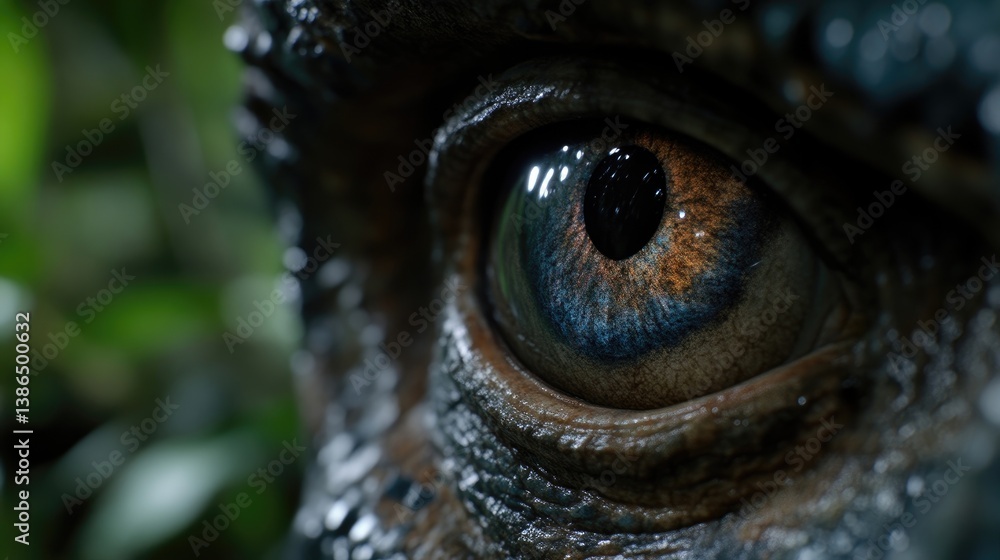 Close-up eye of a prehistoric reptile. Detailed view of the eye, showcasing its unique coloration and texture, set against a blurred background of lush foliage Close-up eye of a prehistoric reptile. Detailed view of the eye, showcasing its unique coloration and texture, set against a blurred background of lush foliage