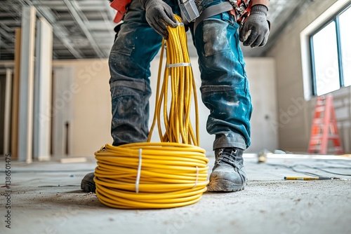 A construction worker holds coiled yellow electrical power cables