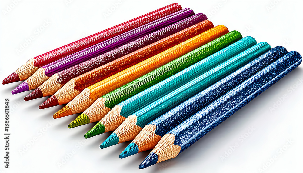 Vibrant colored pencils arranged in a neat row on a white background Vibrant colored pencils arranged in a neat row on a white background