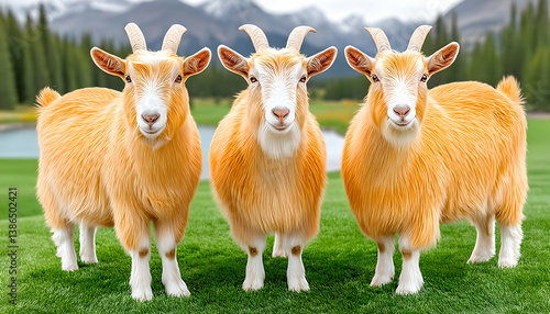 Three fluffy, light-brown goats stand on a grassy hill, mountains in the background