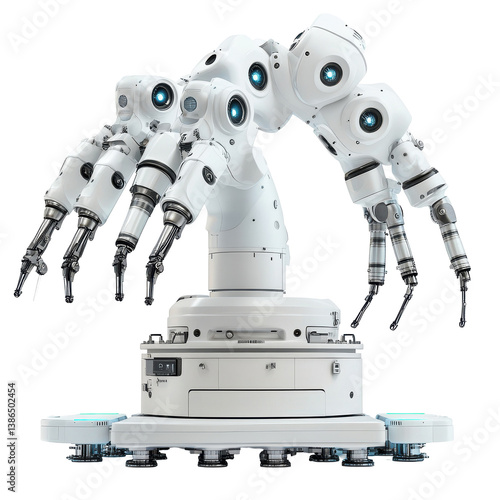 Advanced robotic arm technology multiple manipulators precision engineering automation future tech white robot isolated on transparent background