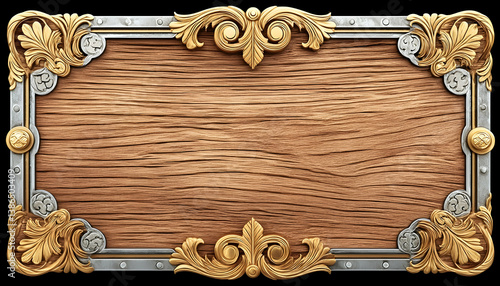 Ornate wooden sign with gold and silver frame