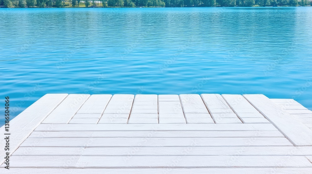 Obraz premium A white wooden dock extends over a tranquil blue lake. The docks planks are neatly arranged. The background showcases a serene lake with a distant shoreline. The image is high-quality, with bright na