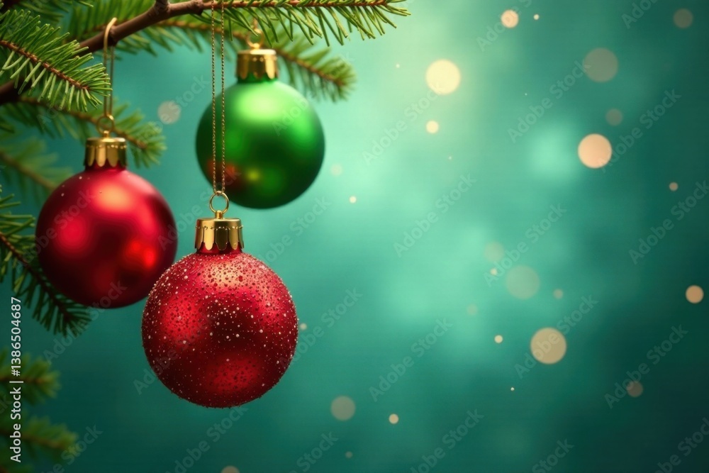 Sparkling red and green glass ball hangings on a Christmas branch, Christmas branch, decorative ball Sparkling red and green glass ball hangings on a Christmas branch, Christmas branch, decorative ball