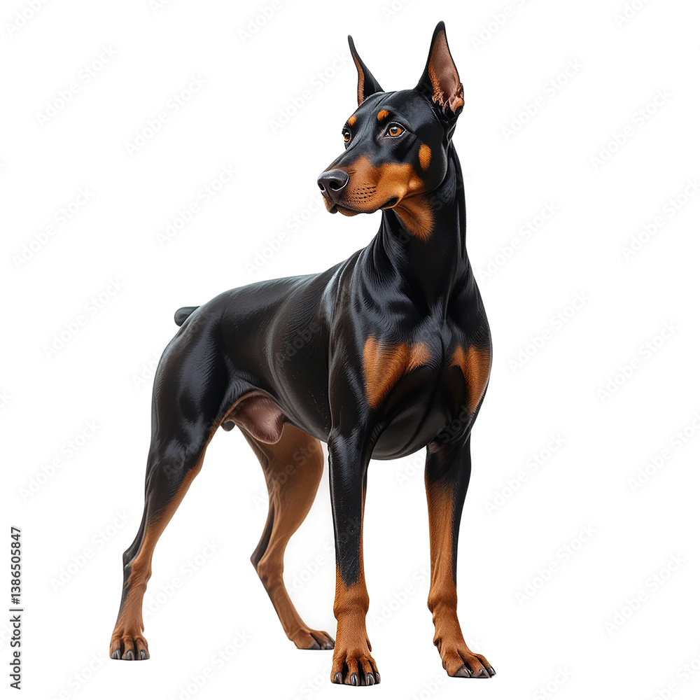 A black Doberman dog is standing and looking.isolate on white background. A black Doberman dog is standing and looking.isolate on white background.