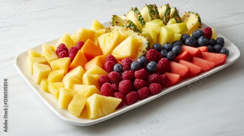 A fresh fruit platter with pineapple, watermelon, mango, and grapes. Featuring freshness and sweetness