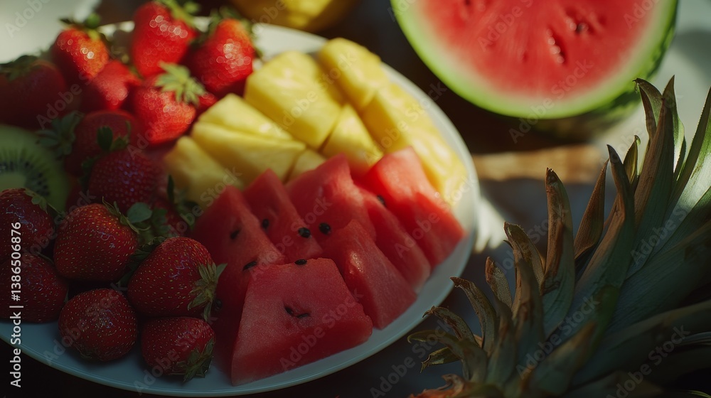 A fresh fruit salad with watermelon, pineapple, and kiwi. Featuring refreshing, tropical flavors A fresh fruit salad with watermelon, pineapple, and kiwi. Featuring refreshing, tropical flavors