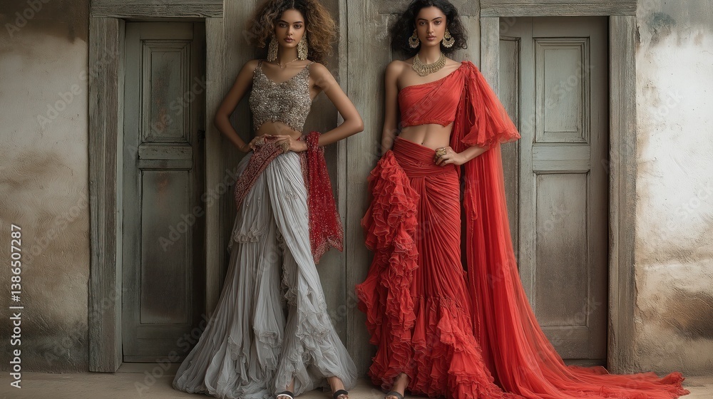 Fototapeta premium Fusion saree with pants, styled for a trendy and elegant vibe with high heels and minimal accessories
