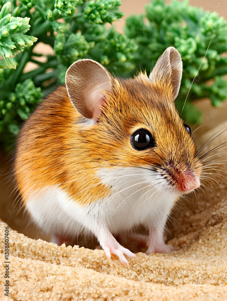 Adorable brown and white mouse nestled in sand near greenery Adorable brown and white mouse nestled in sand near greenery