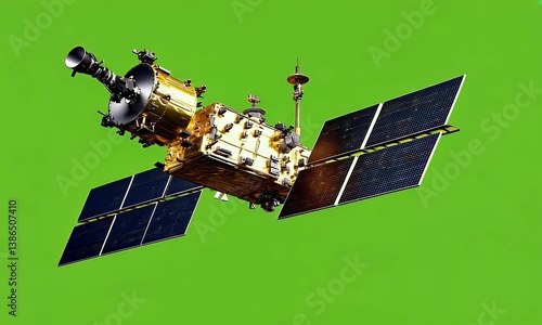 Gold satellite with solar panels hovers against a green background, poised for scientific endeavors in the expanse of space