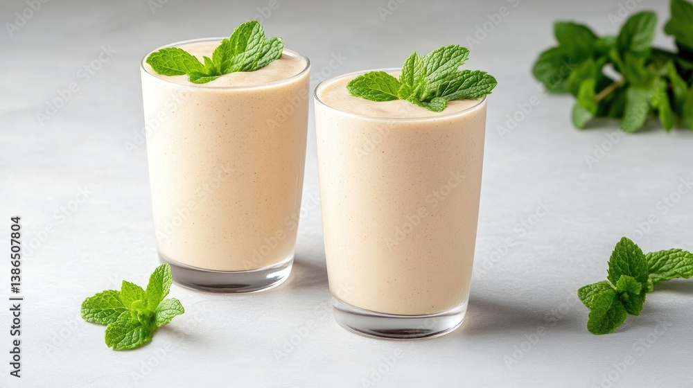 Two creamy peach smoothies sit in short glasses, garnished with fresh mint. Theyre arranged on a light gray surface, with additional mint sprigs nearby. The photo is high-quality, well-lit, and feat Two creamy peach smoothies sit in short glasses, garnished with fresh mint. Theyre arranged on a light gray surface, with additional mint sprigs nearby. The photo is high-quality, well-lit, and feat
