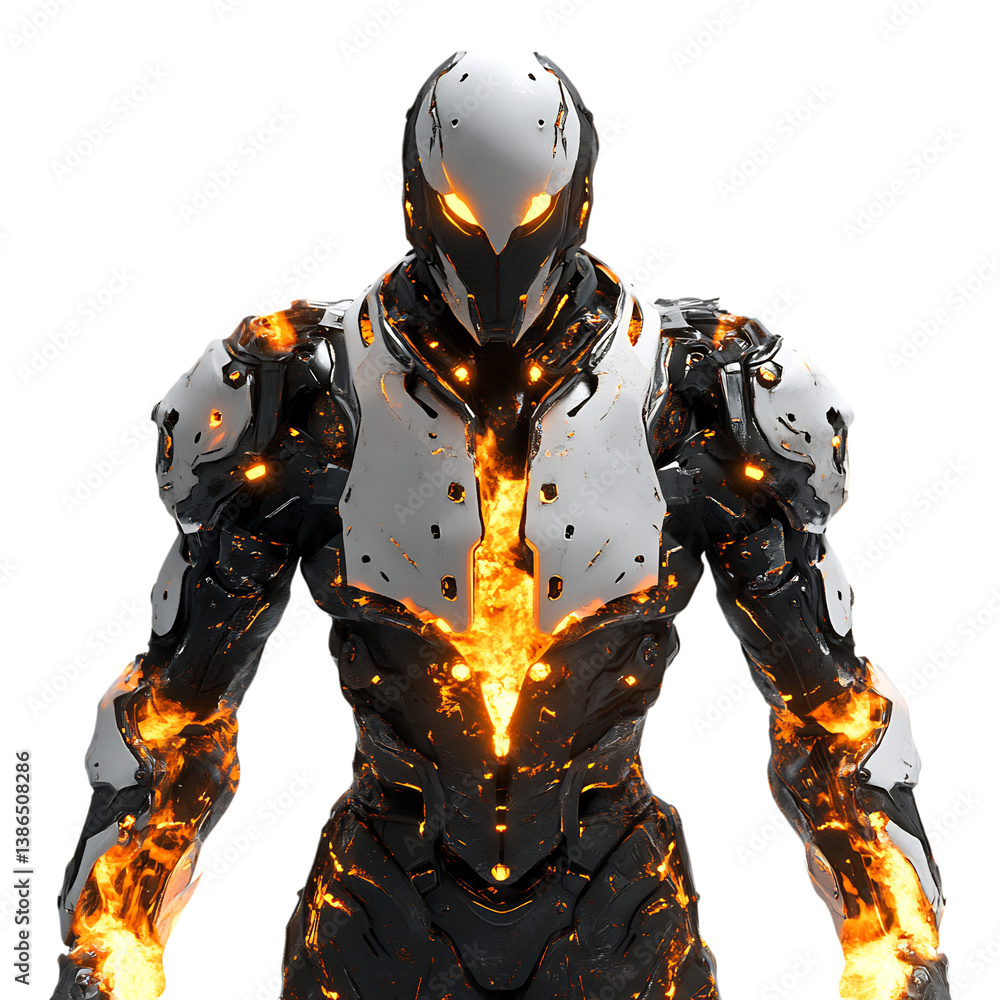 Fototapeta premium White Robot with Orange Flames Shooting Fire Isolated on Transparent Background