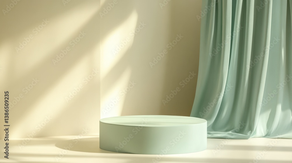 Pastel Round Display Podium, Sunlight, Teal Curtain, Product Presentation Pastel Round Display Podium, Sunlight, Teal Curtain, Product Presentation