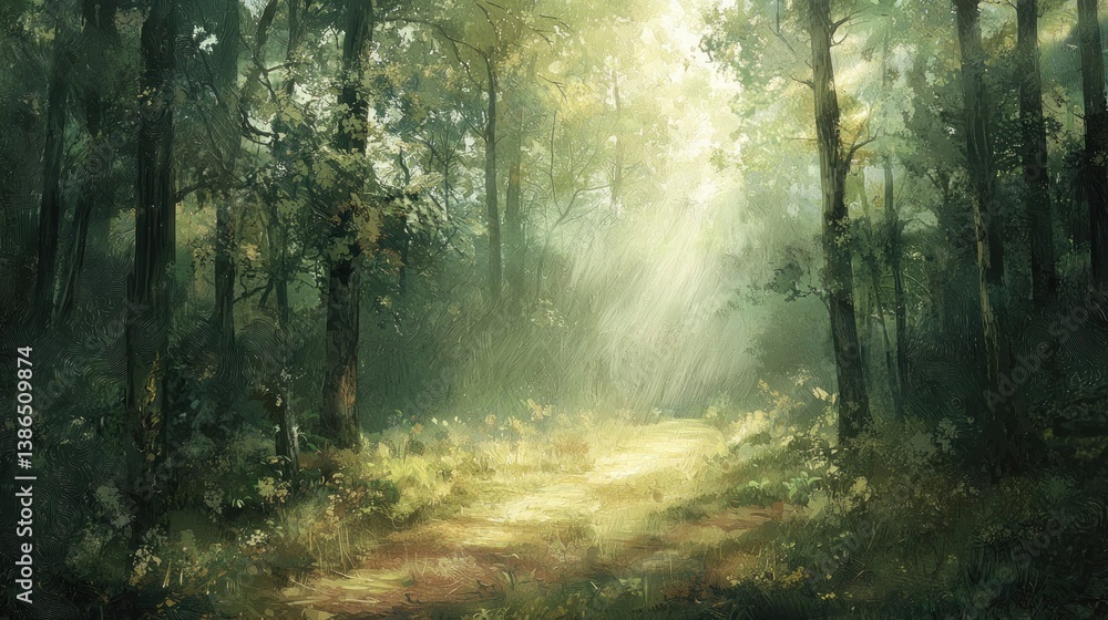 Naklejka premium Sunbeams illuminate a path through a lush, green forest.