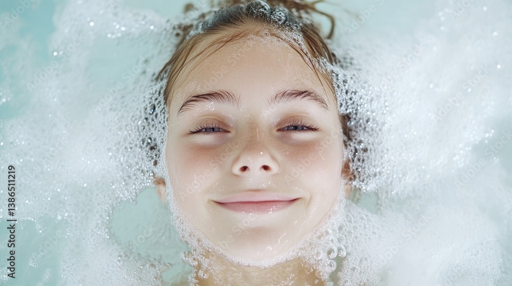 Child smiles in bubbly bath Child smiles in bubbly bath