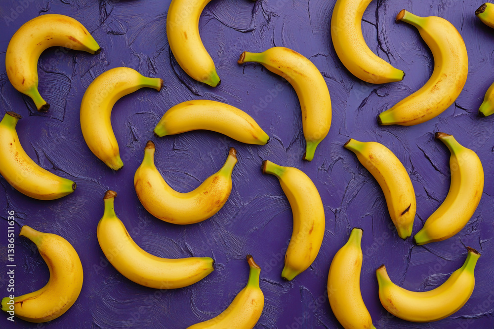 Image of a pattern made of yellow bananas on a purple background Image of a pattern made of yellow bananas on a purple background