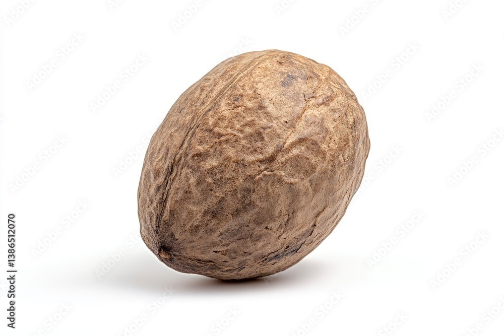 Single Walnut in Shell Closeup on White Background Nutrition Concept Single Walnut in Shell Closeup on White Background Nutrition Concept
