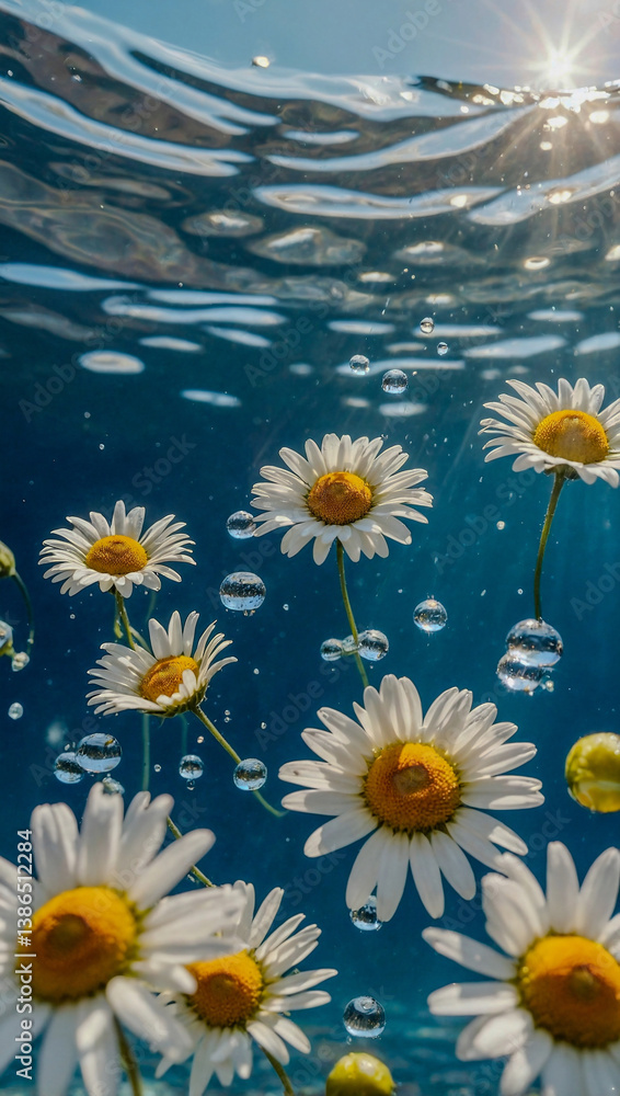 Daisies and capsules floating in sparkling water on a sunny day. Daisies and capsules floating in sparkling water on a sunny day.