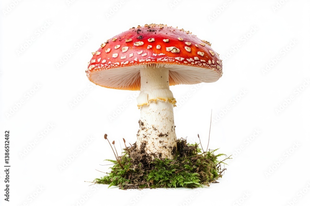 Amanita Mushroom Stands on Moss Against a Bright White Background Amanita Mushroom Stands on Moss Against a Bright White Background