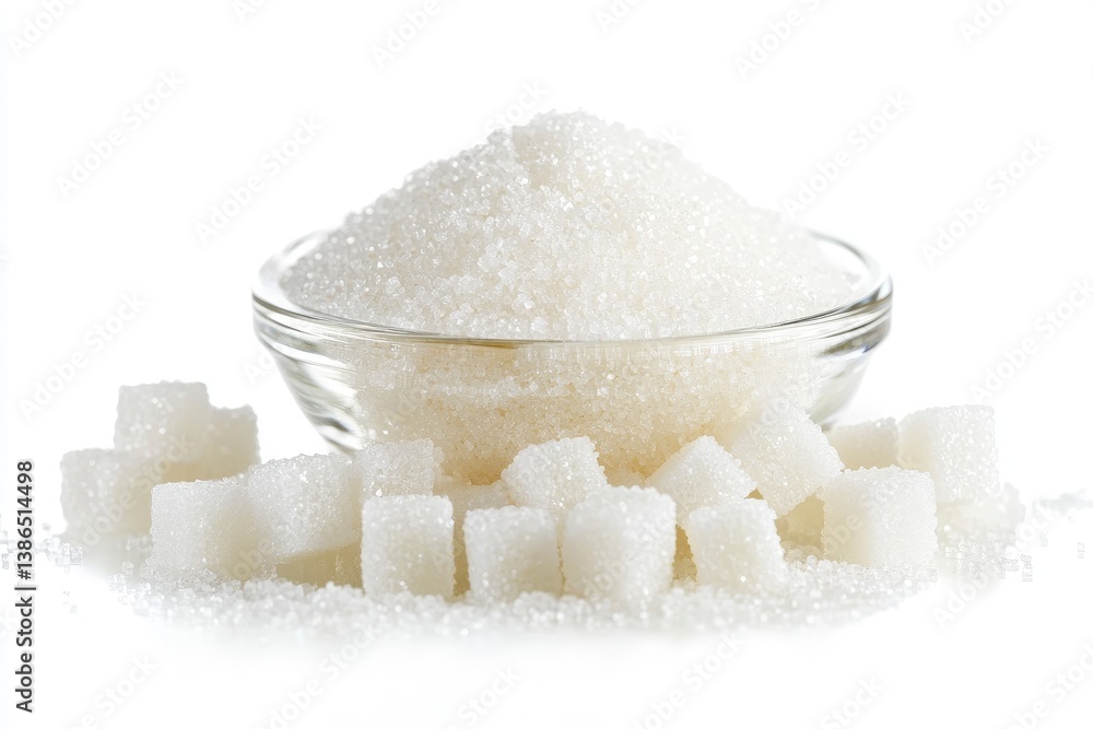 Bowl of White Sugar and Sugar Cubes Isolated on White Background Bowl of White Sugar and Sugar Cubes Isolated on White Background