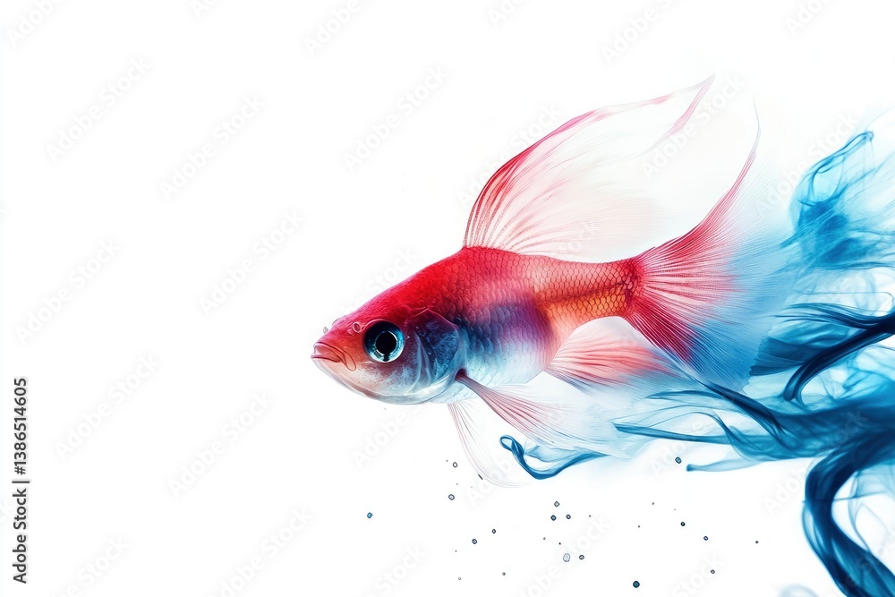 Fototapeta premium Red and White Fish Swimming with Blue Abstract Smoke Art