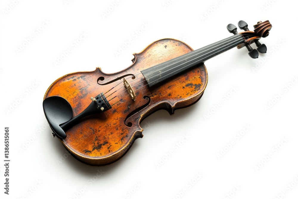 Obraz premium Antique Violin Resting on White Background Showcasing Its Worn Texture