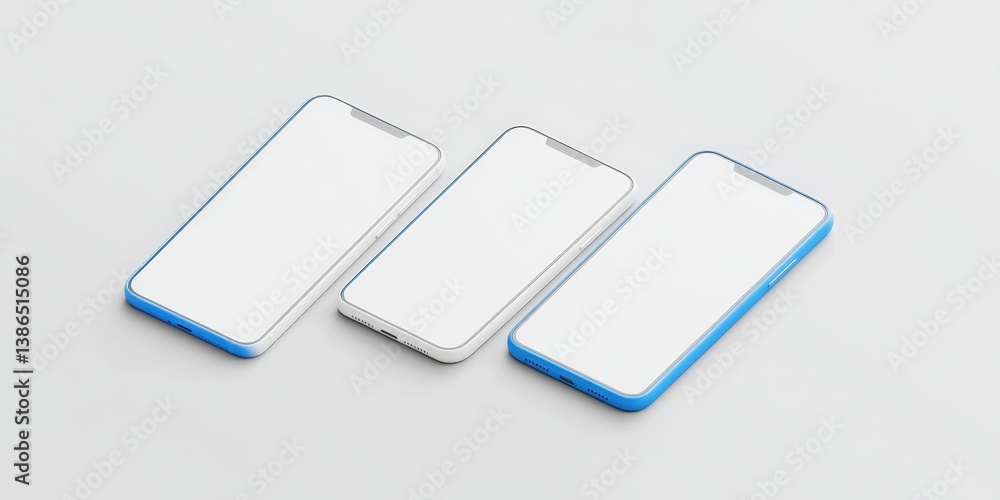 Three sleek, modern smartphones with blank screens arranged in a minimalist layout on a light background, showcasing their design and potential for technology marketing Three sleek, modern smartphones with blank screens arranged in a minimalist layout on a light background, showcasing their design and potential for technology marketing