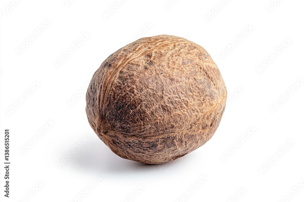 Close-up of a Whole Nutmeg Seed with Brown Shell on White Close-up of a Whole Nutmeg Seed with Brown Shell on White