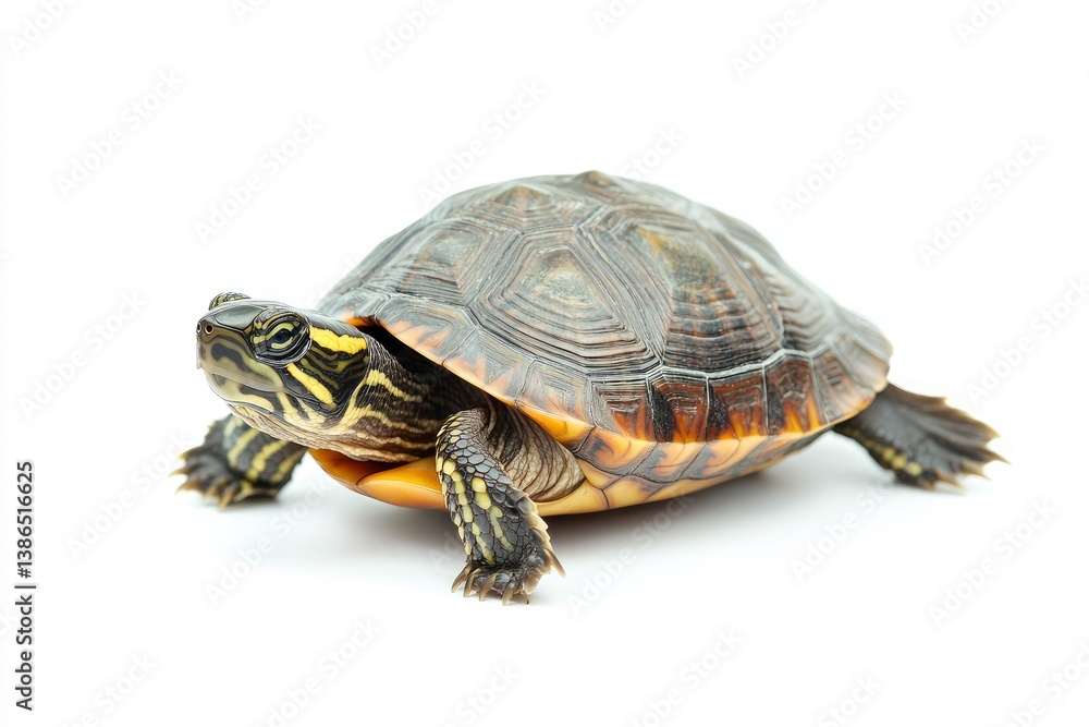 Turtle Standing on White Background with Yellow and Brown Shell Turtle Standing on White Background with Yellow and Brown Shell