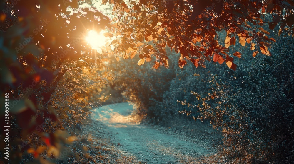 Fototapeta premium Sunlit autumn path through vibrant foliage.