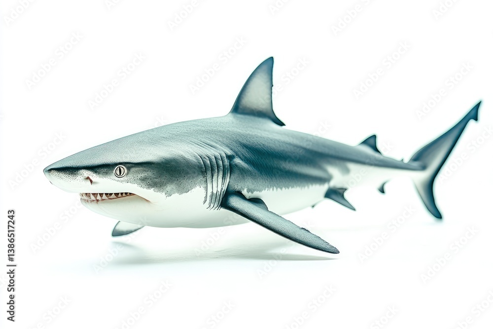 Isolated Great White Shark Swimming Still Life Against White Background Isolated Great White Shark Swimming Still Life Against White Background