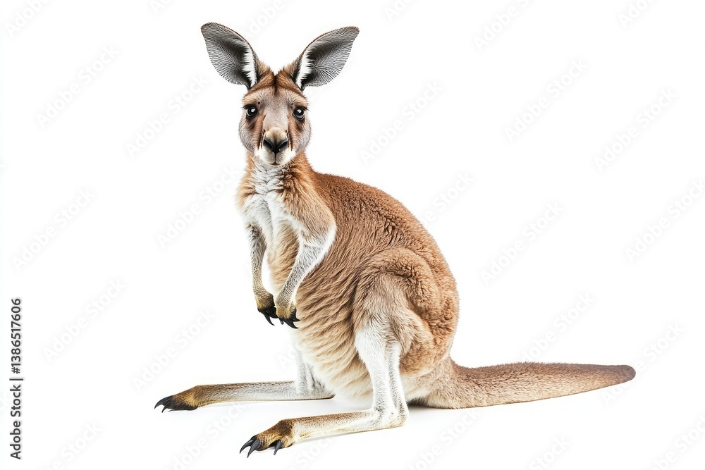 Fototapeta premium Sitting Kangaroo Isolated on White Background Looking Directly at Camera