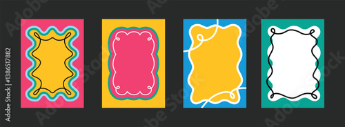 Colorful trendy scallops frames collection. Wavy rectangle shape design.