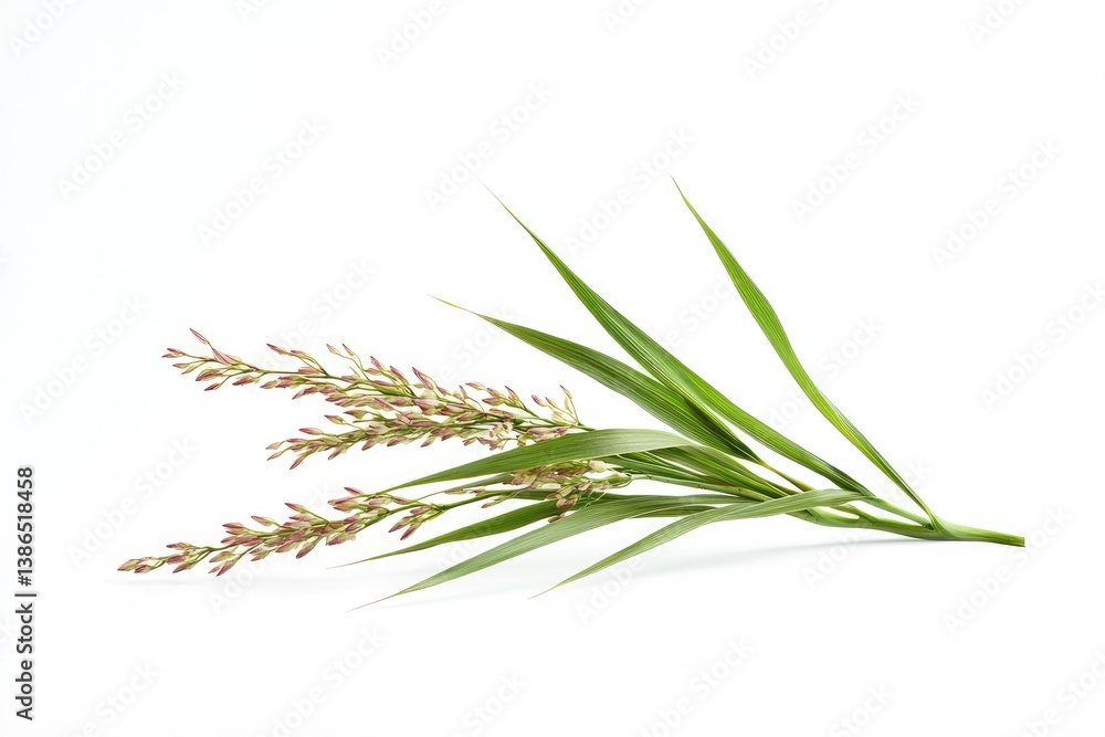 Fototapeta premium Green Grass Plant with Seed Heads on White Background, a Botanical Study