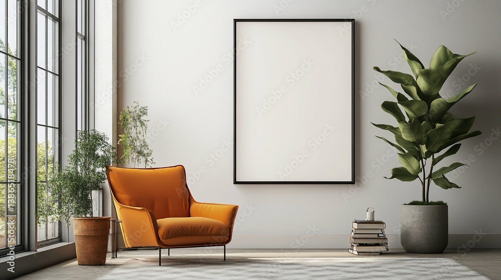 Fototapeta premium Modern Living Room with Orange Chair Mockup