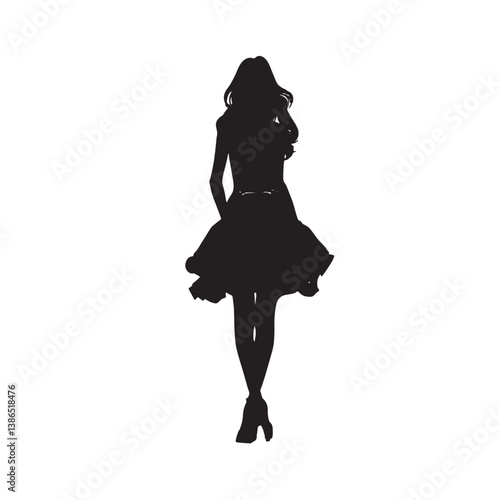 A black silhouette of a dancing woman in a dress shows the contour of her body in a glamourous pose