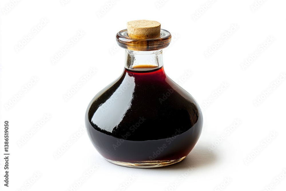 Dark Balsamic Vinegar in Glass Bottle with Cork Stopper Isolated Dark Balsamic Vinegar in Glass Bottle with Cork Stopper Isolated