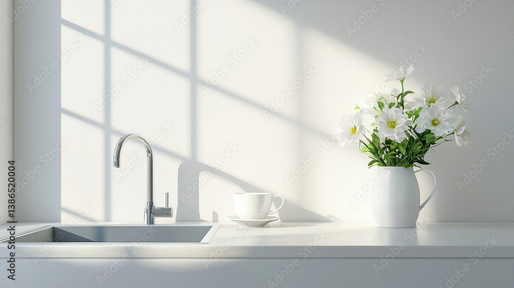 Sunlit kitchen counter with flowers, sink, and coffee cup. Sunlit kitchen counter with flowers, sink, and coffee cup.
