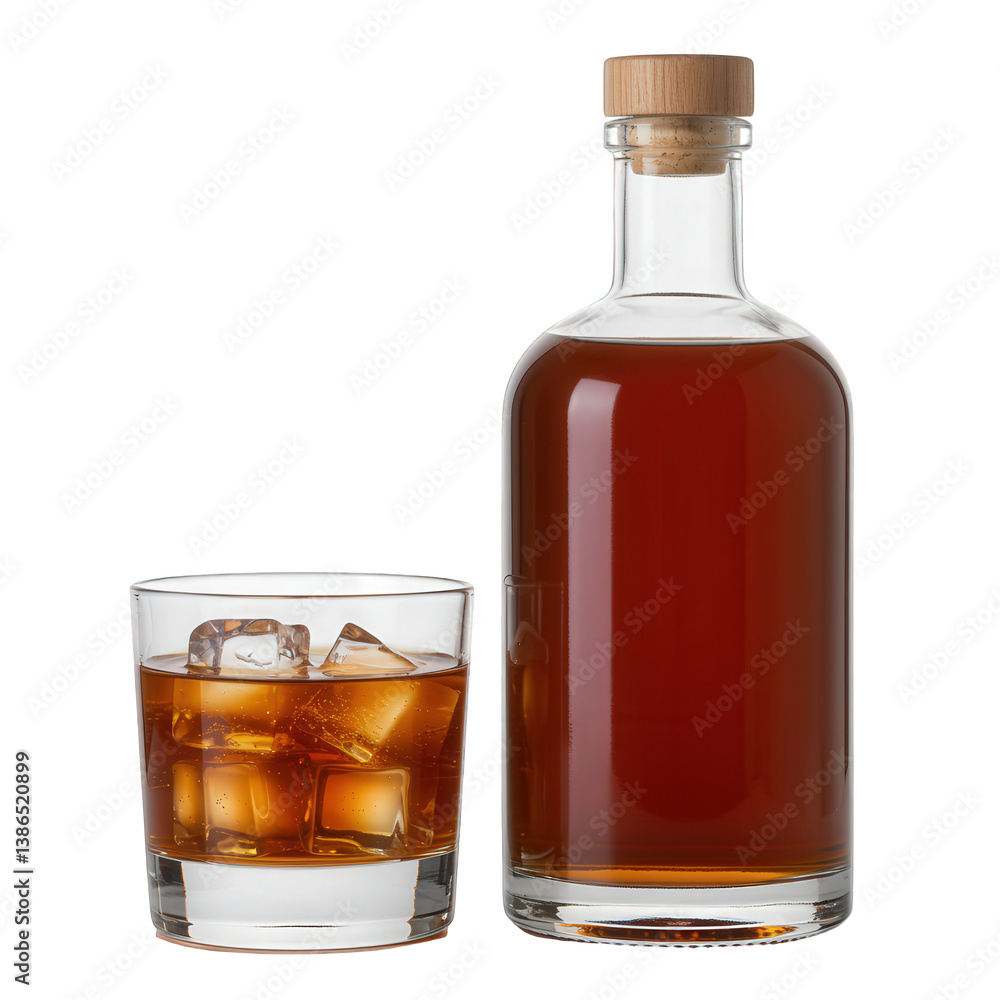 Whiskey on the rocks with a full bottle. Whiskey on the rocks with a full bottle.