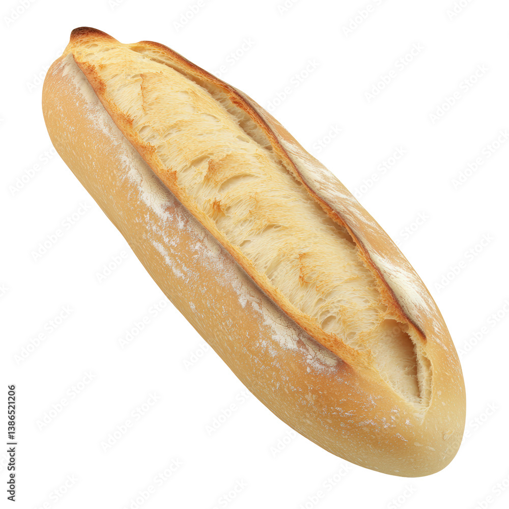 A long loaf of freshly baked bread with a golden crust perfectly shaped for sandwiches and toasting at breakfast isolated on transparent background.. A long loaf of freshly baked bread with a golden crust perfectly shaped for sandwiches and toasting at breakfast isolated on transparent background..