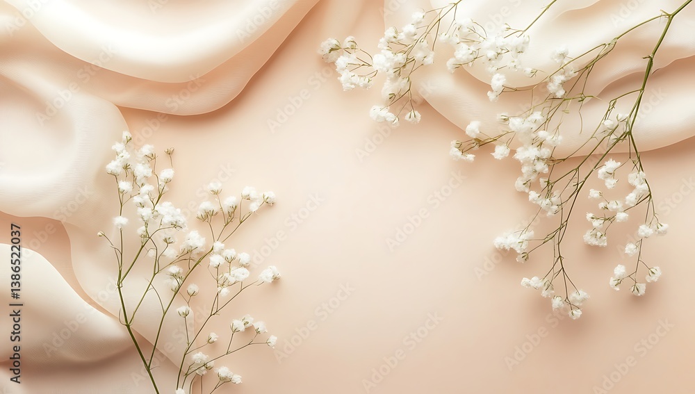 Soft beige background adorned with delicate fabrics and clusters of gypsophila flowers, creating an elegant and serene atmosphere. Soft beige background adorned with delicate fabrics and clusters of gypsophila flowers, creating an elegant and serene atmosphere.