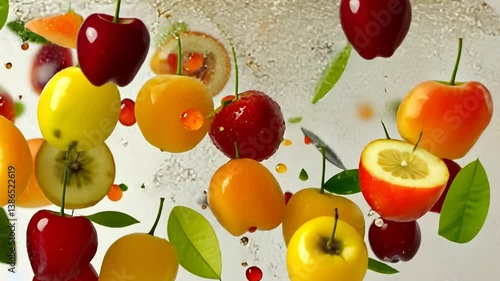 Vibrant mix of colorful fruits dancing in the air, creating a refreshing visual experience