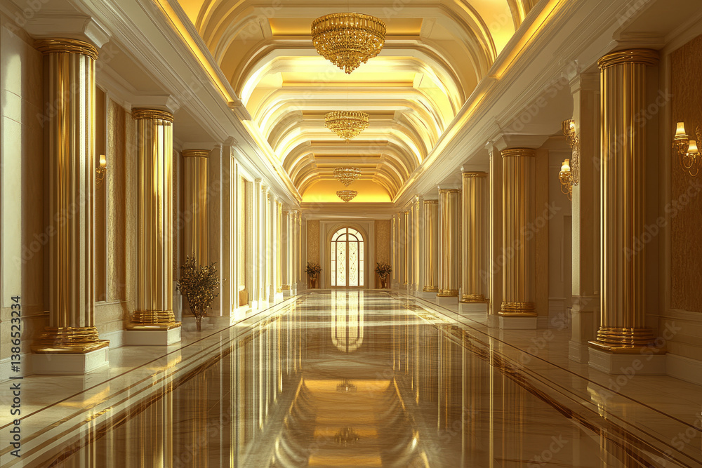 Obraz premium luxurious golden palace hallway with chandeliers and columns