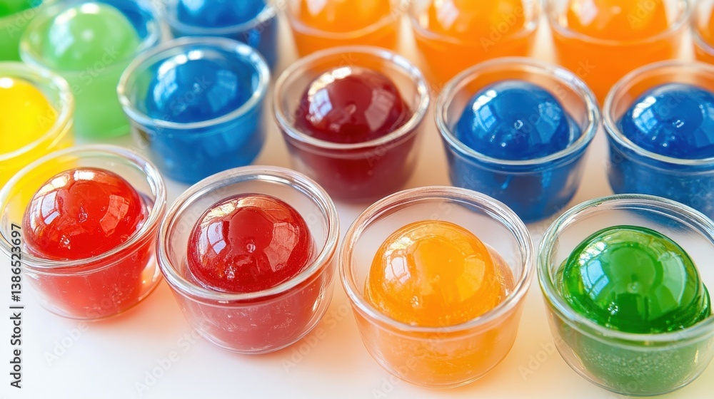Colorful Gelatin Cups Arranged in a Bright Pattern on a White Surface Colorful Gelatin Cups Arranged in a Bright Pattern on a White Surface