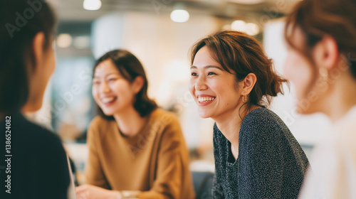 和やかなカンファレンス、セミナーまたはミーティングで笑顔を見せる30代, 40代のアジア人女性たち