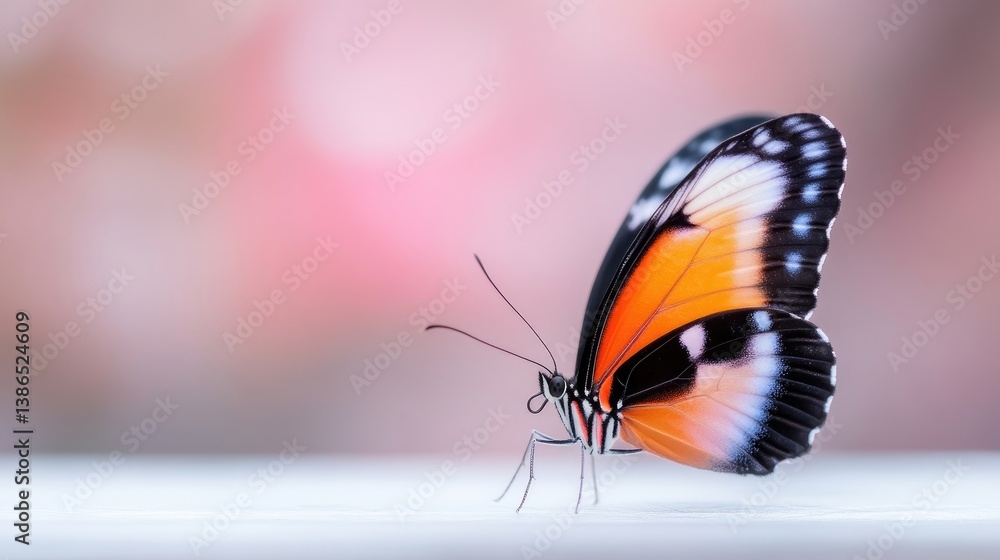 Obraz premium A striking orange and black butterfly is shown in profile. Its wings are detailed, set against a blurred pink background. The image is high quality, with soft lighting. The style is clean and simple
