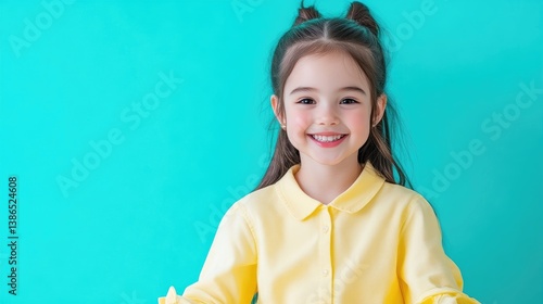 A smiling girl with brown hair styled in pigtails wears a pale yellow collared shirt. The photo is brightly lit against a solid teal background. Its a high-quality image with a cheerful mood. The s