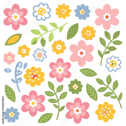 Collection of spring colorful flower elements vector. Set floral of wildflower, leaf branch, foliage on white background. Hand drawn blossom illustration for decor, easter 